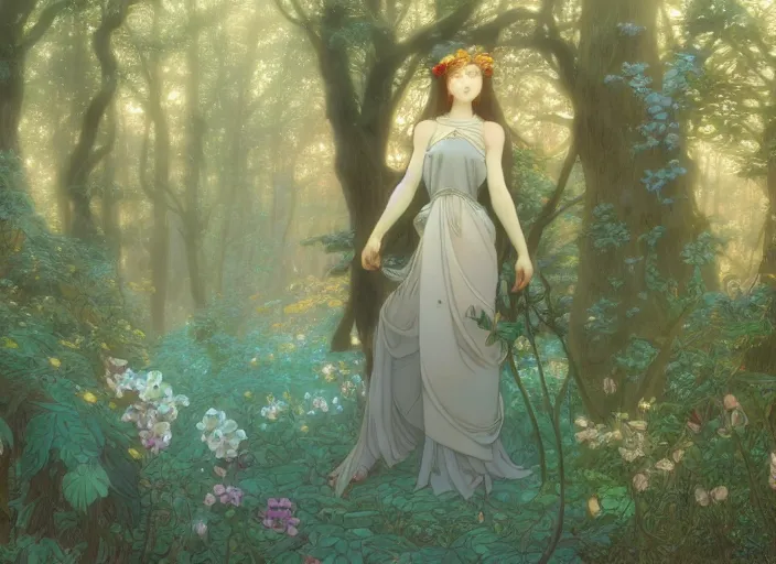 Image similar to desktop background, beautiful fantasy forest, path traced, highly detailed, high quality, digital painting, by studio ghibli and alphonse mucha, leesha hannigan, hidari, art nouveau, chiho aoshima, jules bastien - lepage