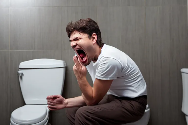 Image similar to man screaming while sitting in the toilet