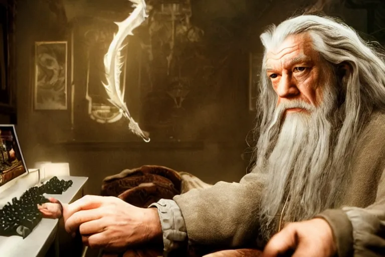 Prompt: gandalf intensely focused playing video games, photo by annie leibovitz