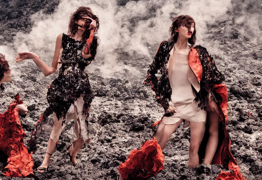 Image similar to fashion editorial in volcano eruption.