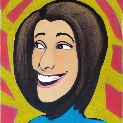 Prompt: representation of a young woman with a happy face in the year 1970 by Aaron Abraham Shikler, an American artist