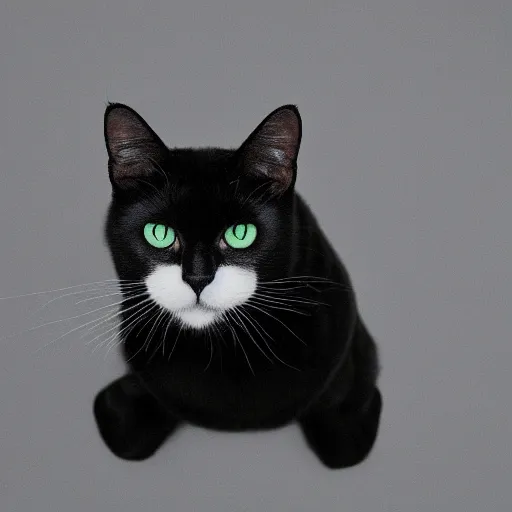 Image similar to national geographic photograph of a green eyed black cat sitting in a white room