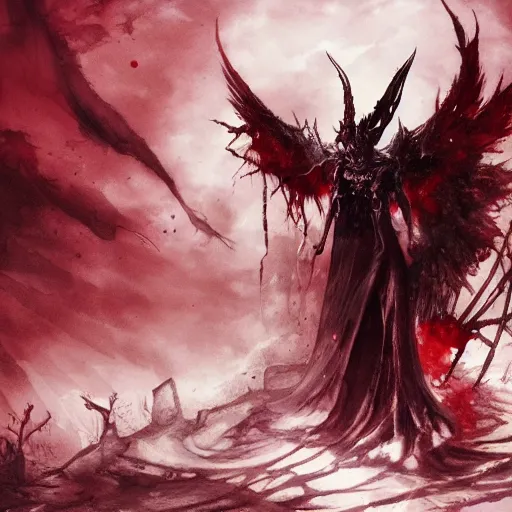 Image similar to the fall of super mad and with extrem anger lucifer in hell, oppressive and dark amotsphere with many shadows, blood and dark red highlights, dramatic horror concept art by aleksandra waliszewska and aoi ogata