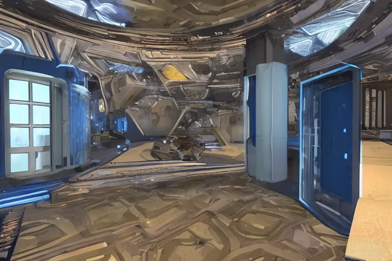 Image similar to futuristic tardis interior stylized like portal 2