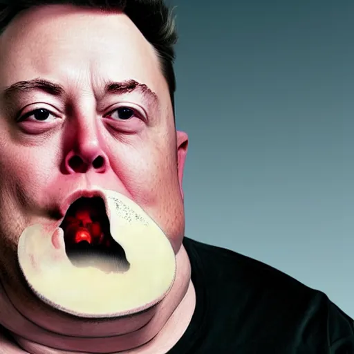 Image similar to stunning award winning hyperrealistic hdr 8 k highly detailed portrait photo of morbidly obese elon musk eating a rocket