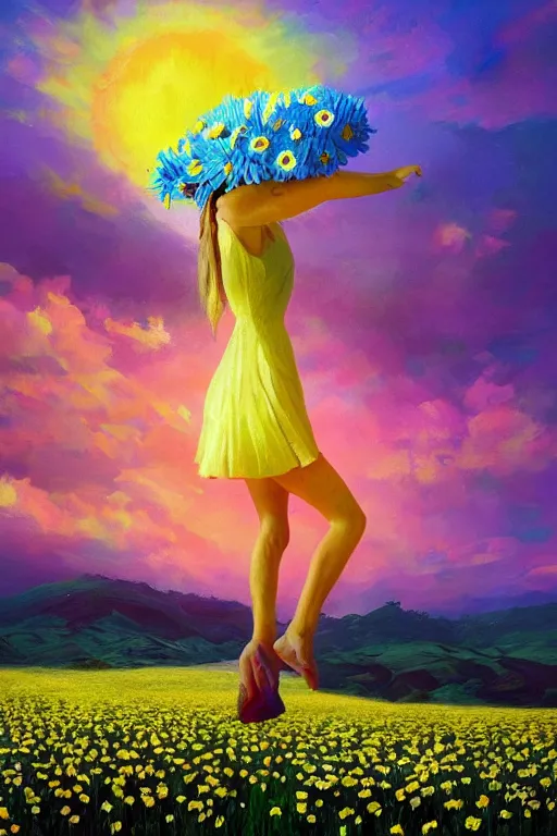 Image similar to giant daisy flower as head, girl dancing in a flower field, surreal photography, sunrise, dramatic light, impressionist painting, colorful clouds, digital painting, artstation, simon stalenhag