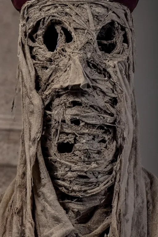 Prompt: mummified pope in his throne at the vatican, desiccated, close - up portrait, tall pontiff hat, mitre, dark, moody, black skin, ornate, hyper realistic, sharp focus, highly detailed