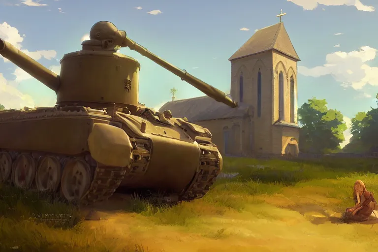 Image similar to a tank with a church as tanktower, scene in an open field. key visual, conceptart, ambient lighting, highly detailed, digital painting, artstation, concept art, sharp focus, by makoto shinkai and akihiko yoshida and greg manchess