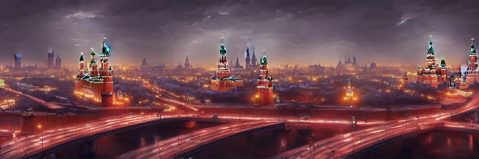 Image similar to a beautiful highly detailed matte painting of a night at Moscow city, by Jose Daniel Cabrera Pena and Leonid Kozienko concept art by Tooth Wuan