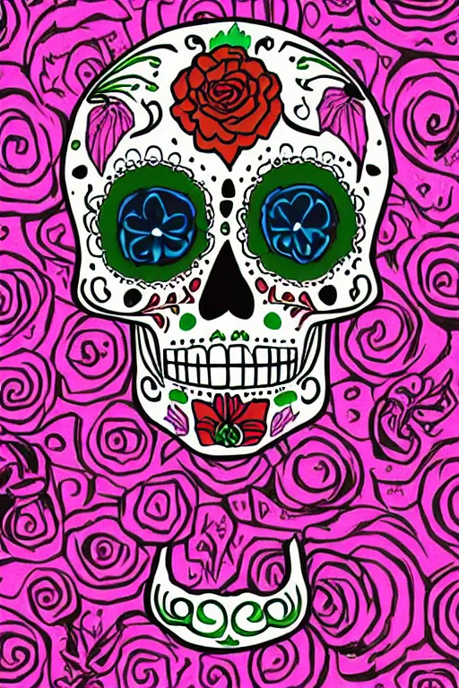 Image similar to illustration of a sugar skull day of the dead girl, art by meow wolf