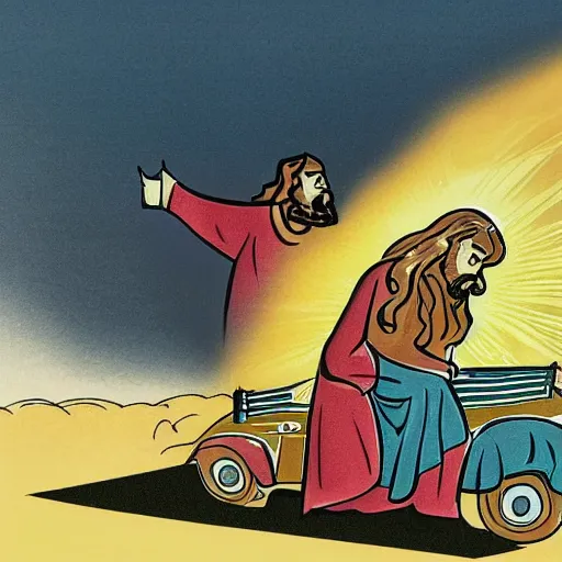 Image similar to jesus driving a car