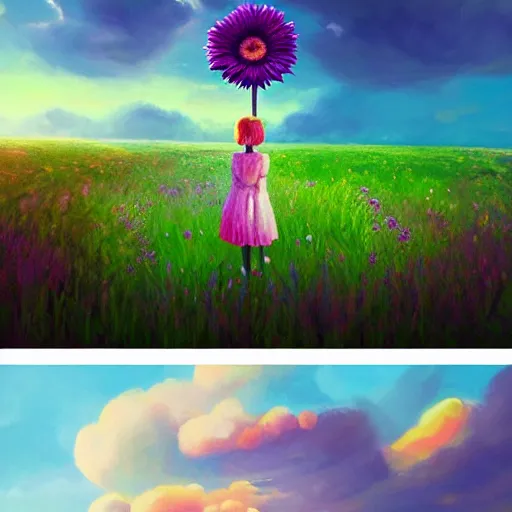 Image similar to giant daisy flower as head, girl sitting in a flower field, surreal photography, sunrise, dramatic light, impressionist painting, colorful clouds, digital painting, artstation, simon stalenhag