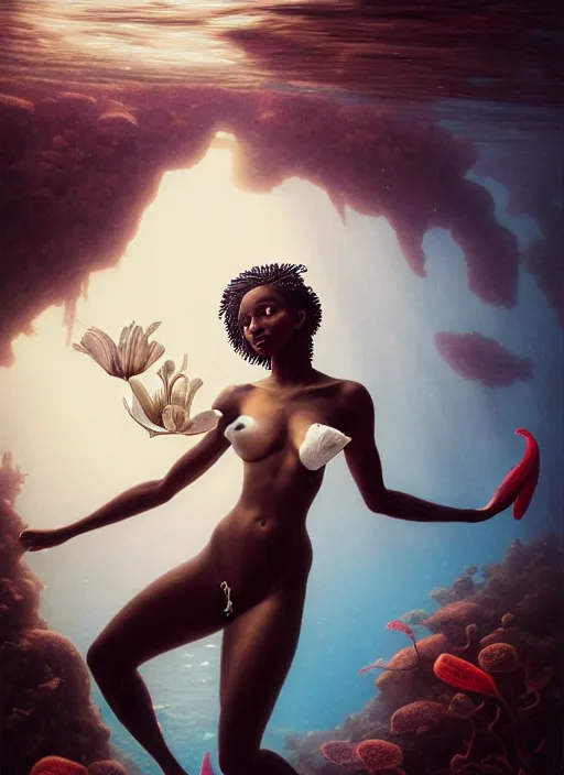 Image similar to film still, eastman exr 5 0 d 5 2 4 5 / 7 2 4 5, underwater photography full body portrait of a dark skin mermaid haitian goddess, white lilies, daylight, highly detailed, artstation, smooth, sharp focus, warm lighting, illustration, by dmitry laudin by andrei riabovitchev, by peter mohrbacher, by gustave dore