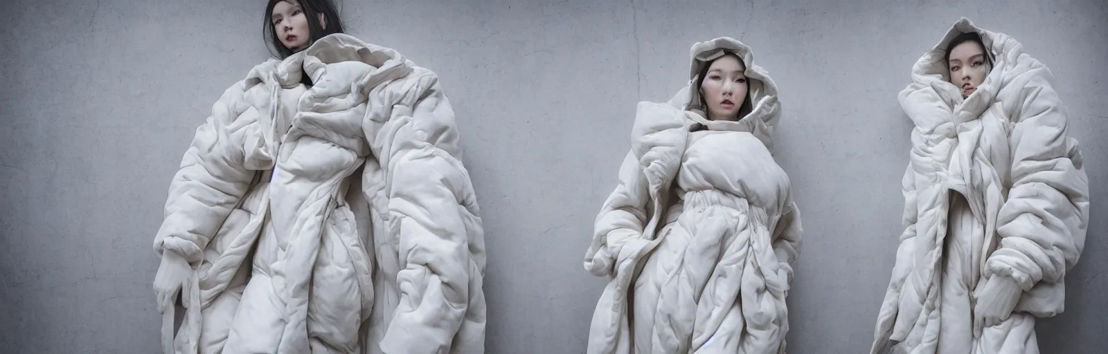 Image similar to well lit fashion shoot portrait of extremely beautiful female marble statue wearing huge over size puffer jacket by dingyun zhang, yeezy, balenciaga, vetements, a cold wall, sharp focus, clear, detailed,, cinematic, detailed, off white, glamourous, symmetrical, vogue, editorial, fashion, magazine shoot, glossy