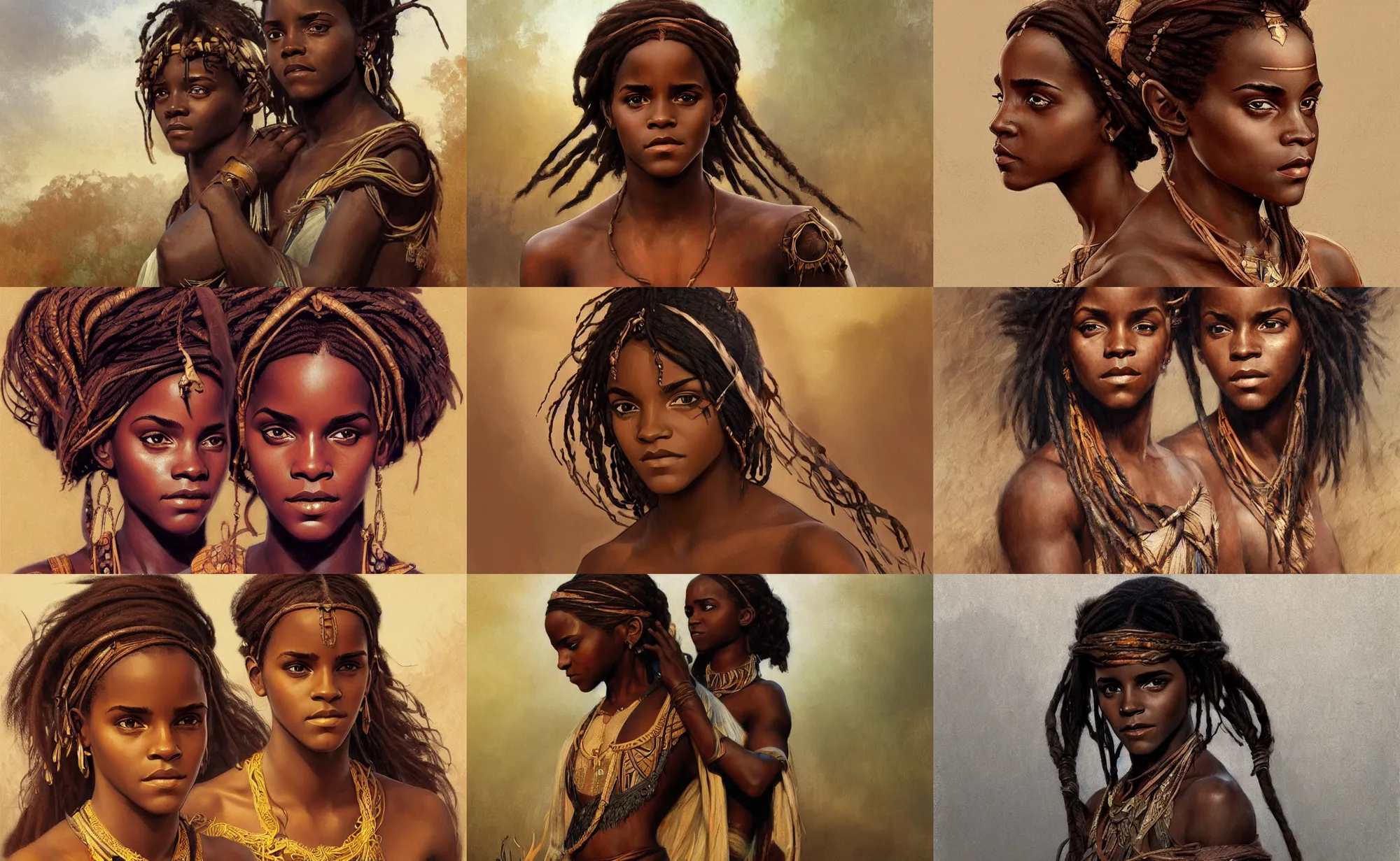 Prompt: black emma watson as himba, intricate, elegant, highly detailed, digital painting, artstation, concept art, smooth, sharp focus, illustration, art by rutkowski, mucha, orientalism, bouguereau