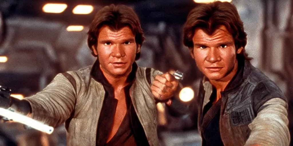 Prompt: han solo played by photo real harrison fords 1 9 8 3, motion blur runs through massive battlefront, mcu style, explosions, fire, real life, spotted, ultra realistic face, accurate hands, 4 k, movie still, uhd, sharp, detailed, cinematic, render, modern