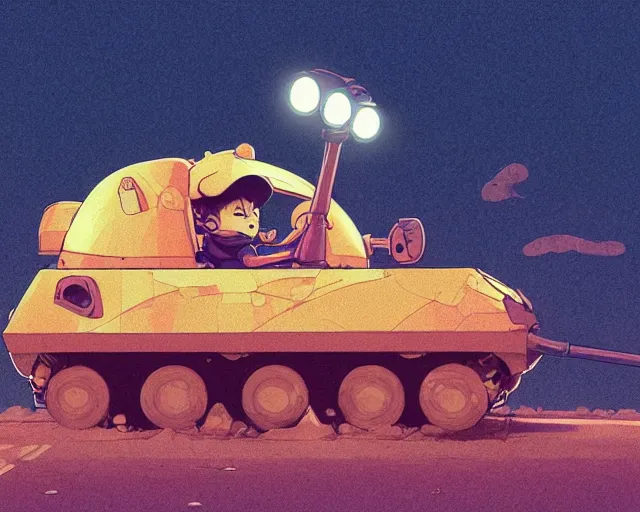 Image similar to a study of cell shaded cartoon of a chibi toad driving a tank on a desert road, street lamps, road, illustration, wide shot, subtle colors, post grunge, concept art by josan gonzales and wlop, by james jean, victo ngai, highly detailed, sharp focus, trending on artstation, hq, deviantart, art by artgem