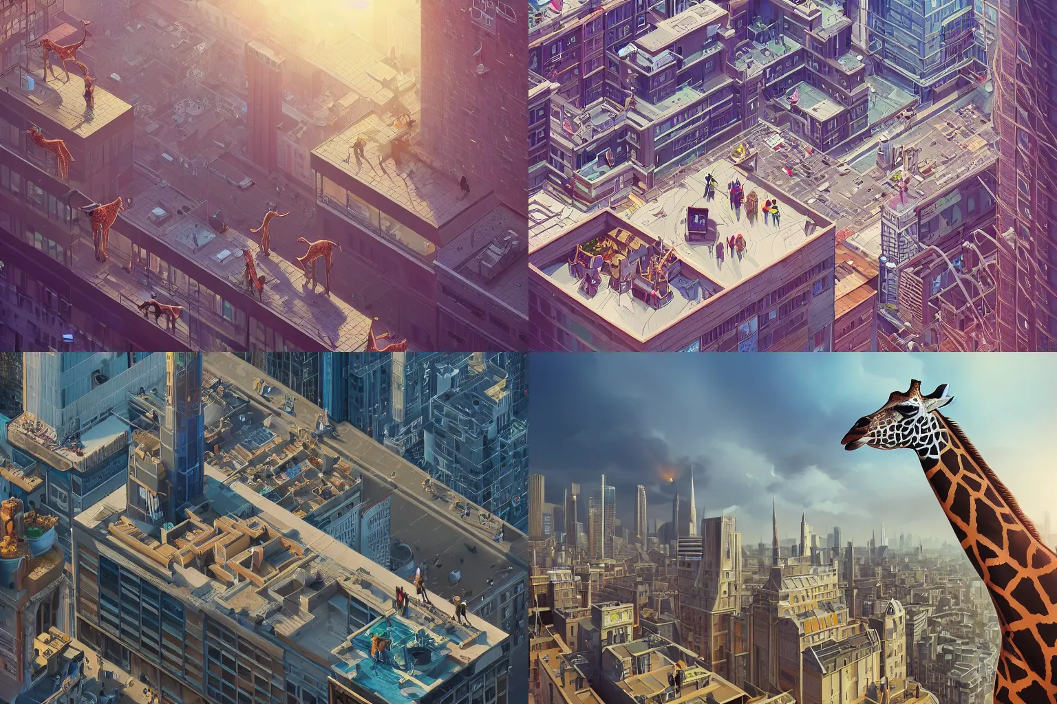 Prompt: portrait isometric drawing, rooftop, giraffe, intricate, epic lighting, cinematic composition, hyper realistic, 8 k resolution, unreal engine 5, by artgerm, tooth wu, dan mumford, beeple, wlop, rossdraws, james jean, andrei riabovitchev, marc simonetti, yoshitaka amano, artstation