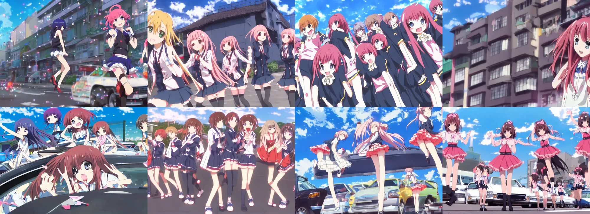 Prompt: anime screenshot pattern, high school girls danced on top of cars. original cute girl doing cute things / iyashike / slice life kyoto animation 4 k 8 k ultrahd award winning