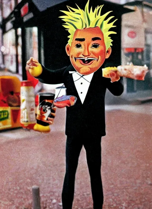 Image similar to vintage mcdonald's commercial depicting guy fieri wearing a tuxedo, by saul leiter