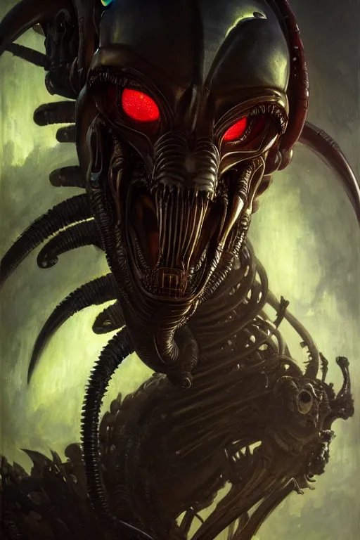 Prompt: a portrait of xenomorph king with glow eyes, high detail, realistic by gaston bussiere, bayard wu, greg rutkowski, giger, maxim verehin, greg rutkowski, masterpiece, sharp focus, cinematic lightning