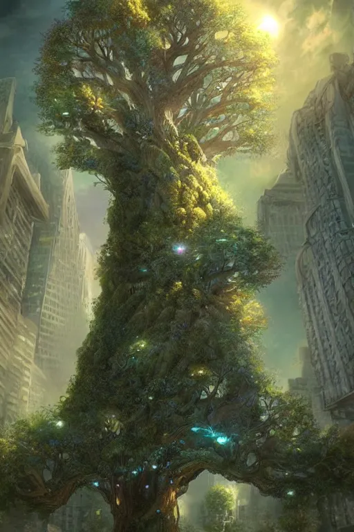 Image similar to tree of life, volymetric light, tiny miniature city around base of tree, sprawling out around it, dappled shadows and sparkly buildings, highly detailed matte painting by ( ohrai ), charlie bowater and mark brooks