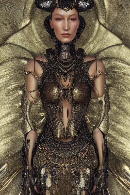 Image similar to a highly detailed medium shot 8 k render of an alien goddess bella hadid in iris van herpen dress schiaparelli armor in diamonds and lots of jewelry in style of alphonse mucha trending on artstation made in unreal engine 4