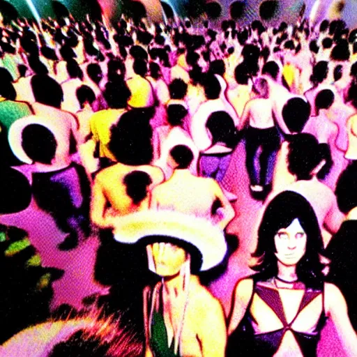 Prompt: grainy vintage 70s retrofuturist autochrome airbrush illustration of a vast virtual rave in heaven