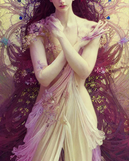 Prompt: Ethereal Floralpunk elysian Maiden of radiant light wearing ivory lace dress made of stardust masterpiece digital illustration by Ruan Jia and yasumoto oka, award winning, Artstation, art nouveau aesthetic, Alphonse Mucha background, intricate details, realistic, full view, Hyperdetailed, 8k resolution, Artstation, behance