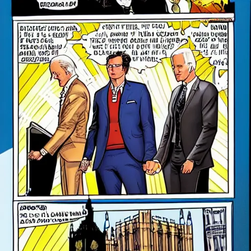 Prompt: marvel comic of The Tenth Doctor standing next to Joe Biden looking at Big Ben