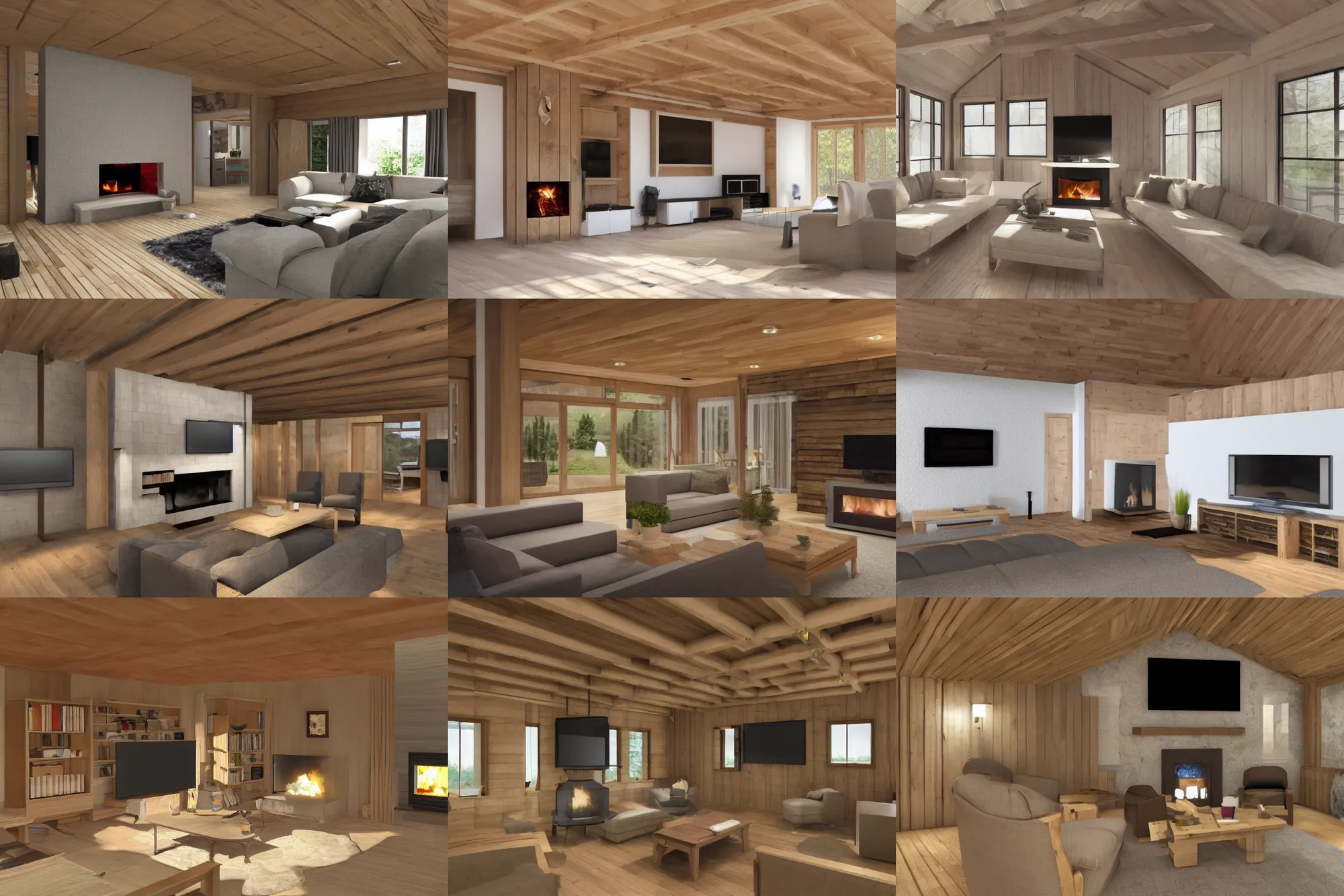 Prompt: wooden cottage livingroom as a datacentre, fireplace, concept art