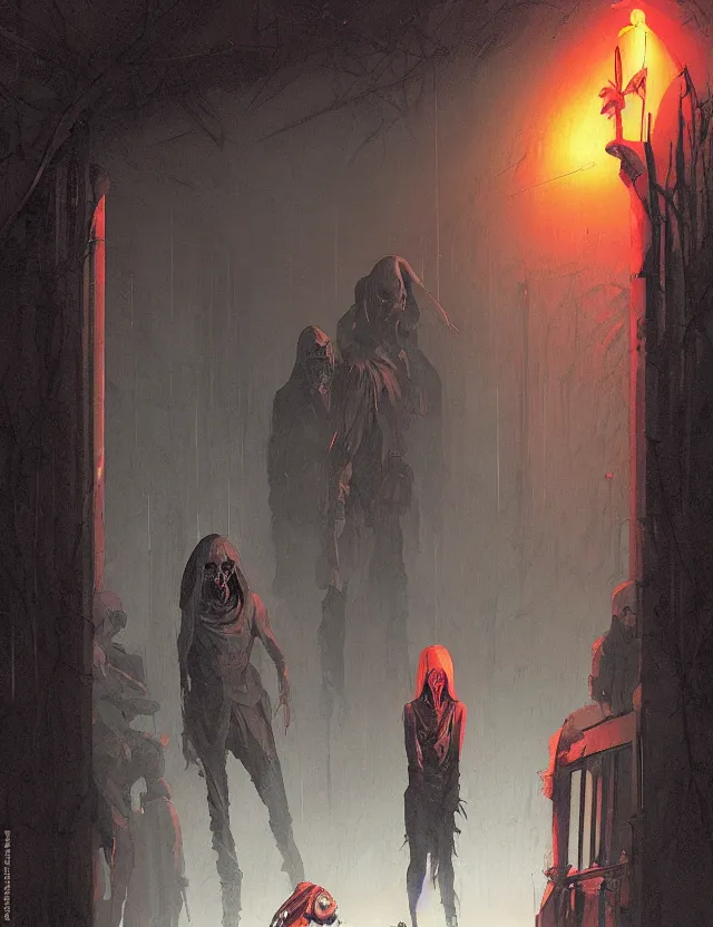 Image similar to sinister scary, afraid dark by greg rutkowski, ross tran, conrad roset, takato yomamoto, ilya kuvshinov huge gothic crematorium on desert planet, elevator, side ramp entrance ambulance smoke dead bodies, guards intricate, painting by lucian freud and mark brooks, bruce pennington, dark colors, neon, death, guards, nice style culture