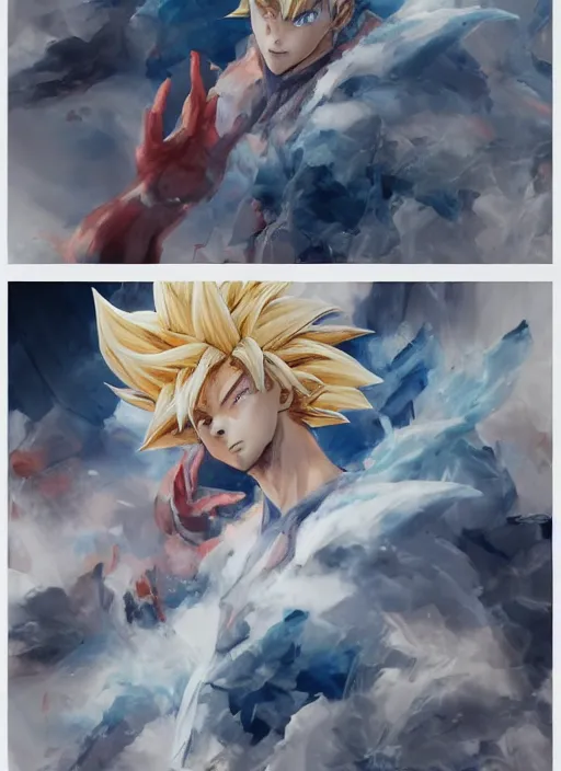 Image similar to surreal gouache gesture painting, by yoshitaka amano, by ruan jia, by Conrad roset, by good smile company, detailed anime 3d render of a gesture draw pose for a blond Goku in a Super Sayian 3, portrait, cgsociety, artstation, rococo mechanical, Digital reality, sf5 ink style, dieselpunk atmosphere, gesture drawn