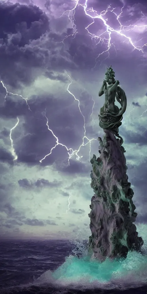 Image similar to gigantic marble statue of the god of the sea wielding a trident on an island. roiling waves at the base. scene lit by lightning. thunderclouds in the background. fantasy setting. magicians praying to the statue. purples and greens. fantasy aesthetic. extremely detailed. 4 k. digital art.