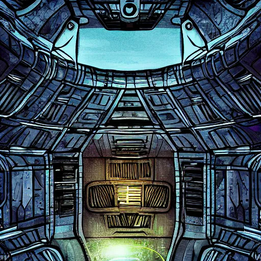 Image similar to macaque inside alien base, digital art,