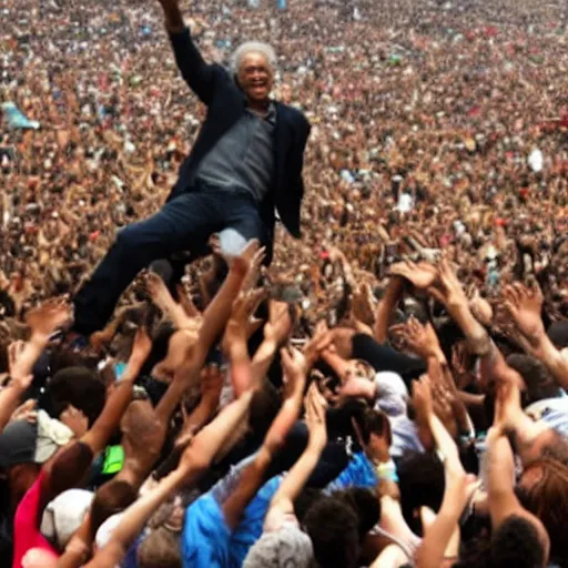 Prompt: morgan freeman crowd surfing