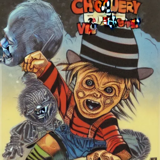 Prompt: Chucky VS Freddy Krueger 80's comic book cover