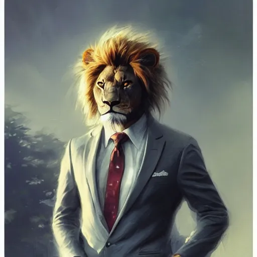 Image similar to A portrait of Lion, in a suit, fantasy art, art by greg rutkowski, matte painting, trending on artstation