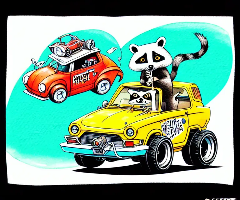 Image similar to cute and funny, racoon driving a tiny hot rod with an oversized engine, ratfink style by ed roth, centered award winning watercolor pen illustration, isometric illustration by chihiro iwasaki, edited by craola, tiny details by artgerm and watercolor girl, symmetrically isometrically centered