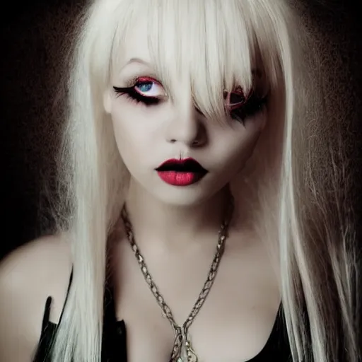 Image similar to modeling photograph kerli koiv as blind mag, blonde, beautiful, dark, mysterious, bubble goth, detailed symmetrical face, half body shot, fog dramatic, teen