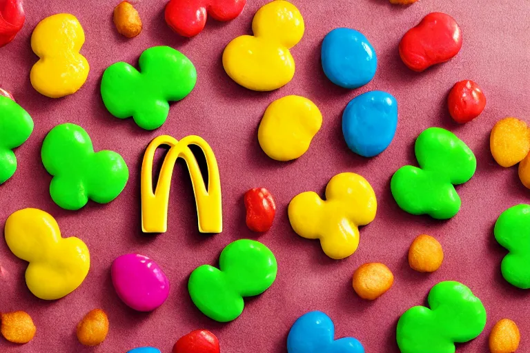 Image similar to mcdonalds colorful pattys, commercial photograph taken on table