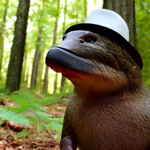 Image similar to detailed photograph of a platypus wearin ga fedora in a forest, national geographic, realistic, cinematic lighting, 8 k, cute, adorable, fedora