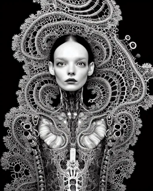 Image similar to surreal black and white photo portrait of complex bio-mechanical beautiful young female vegetal-cyborg with a Mandelbrot fractal steampunk metal fine lace face, a very long neck and a fine metal floral foliage super big lace collar by Alexander McQueen:: high fashion, haute couture, rococo, steampunk, silver filigree details, anatomical, facial muscles, cable wires, microchip, elegant, dreamy, foggy, hyper realistic, 150 mm lens, soft rim light, octane render, unreal engine, picture was taken in 1910 by Dora Maar, volumetric lighting, dramatic light,8k,