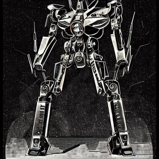 Prompt: dark enlightenment, NIGREDO, 30s, full body Mecha , highly detailed, art deco