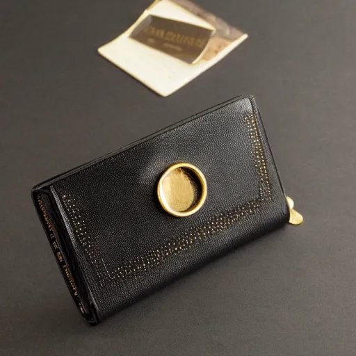 Prompt: womans black leather wallet with a gold zipper designed by claude monet