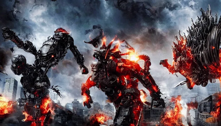 Image similar to big budget action movie about demonic battle cyborgs destroying a city