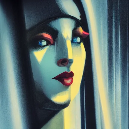 Image similar to detailed face of a woman, clockwork, moment, tectonic sky, skydome, bullet train, turbines, utopian, tech noir, wet reflections, prism, atmospheric, ambient, pj crook, syd mead, malcom t liepke, emma uber, edward hopper