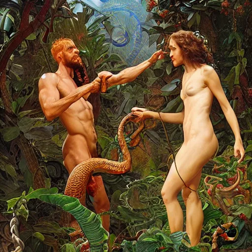 Prompt: Close-up of God being angry in the Garden of Eden. Adam and Eve look very guilty and the snake is leaving the scene quietly - elegant, highly detailed, centered, digital painting, artstation, concept art, artgerm, donato giancola, Joseph Christian Leyendecker, WLOP, Boris Vallejo, Artgerm