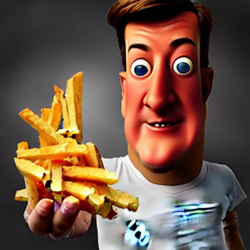 Image similar to photo of [ a single french fry chip ] shaped into stephen fry as a pixar character hybrid intercross mix cinematic lighting