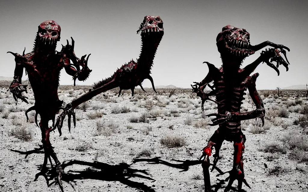 Image similar to in the desert a bloody gross horrifying The Thing creature made of muscle and bone and blood stares at the camera, eating, it walks on two legs, mid day, 35mm photography, realistic,